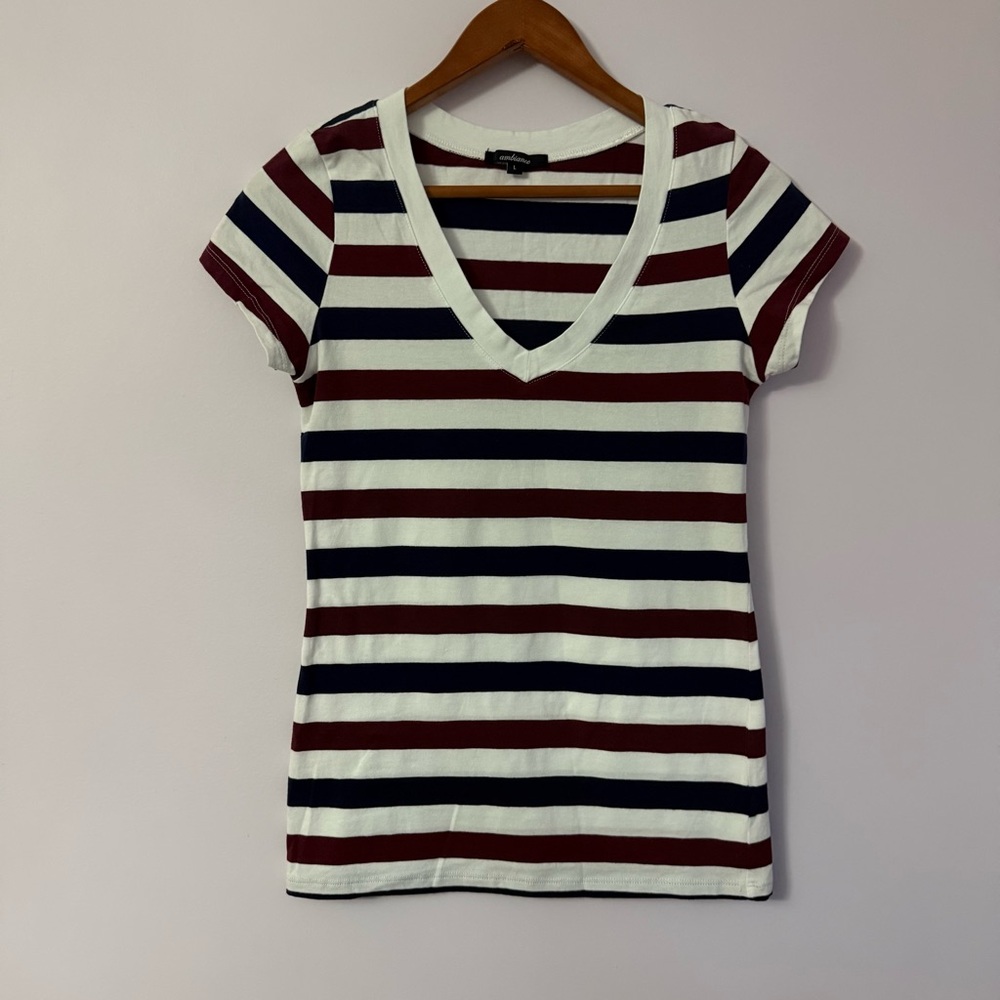 Ambiance Striped V-Neck Tee in Burgundy, Navy & White